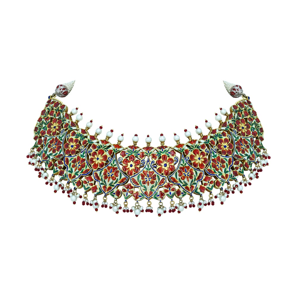 Polki Semi-Choker with Red Enamel and Pearl Beads